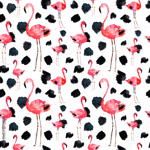 Watercolor Seamless Pattern With Flamingo and Dots. Exotic Summer Beach Motif. Swimwear Design, Wrapping, Background, Wallpaper, Fabric. Hawaiian Print. Jungle Birds Repeated Ornament. Africa.
