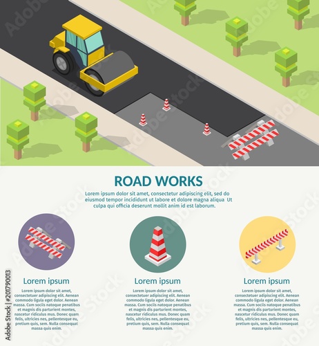 Isometric Asphalt compactor road under construction repair road signs.