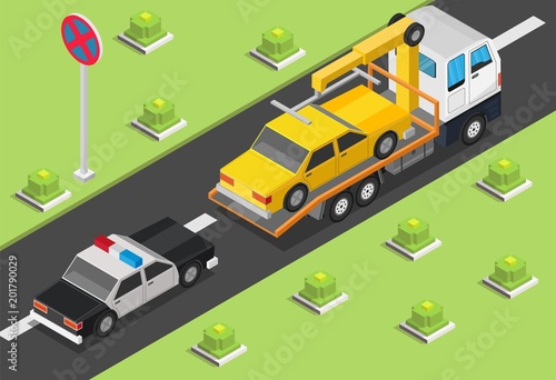 Isometric low poly Tow truck city road assistance service evacuator of Online car help design vector background illustration set