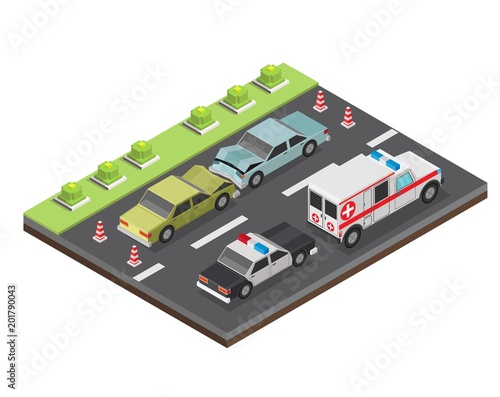 Isometric low poly accident crosswalk with bump car vector illustration