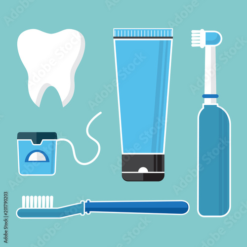 Oral care and hygiene, brushing teeth. Set of dental cleaning tools. Tooth, toothbrush, electric toothbrush, toothpaste and dental floss. Vector illustration