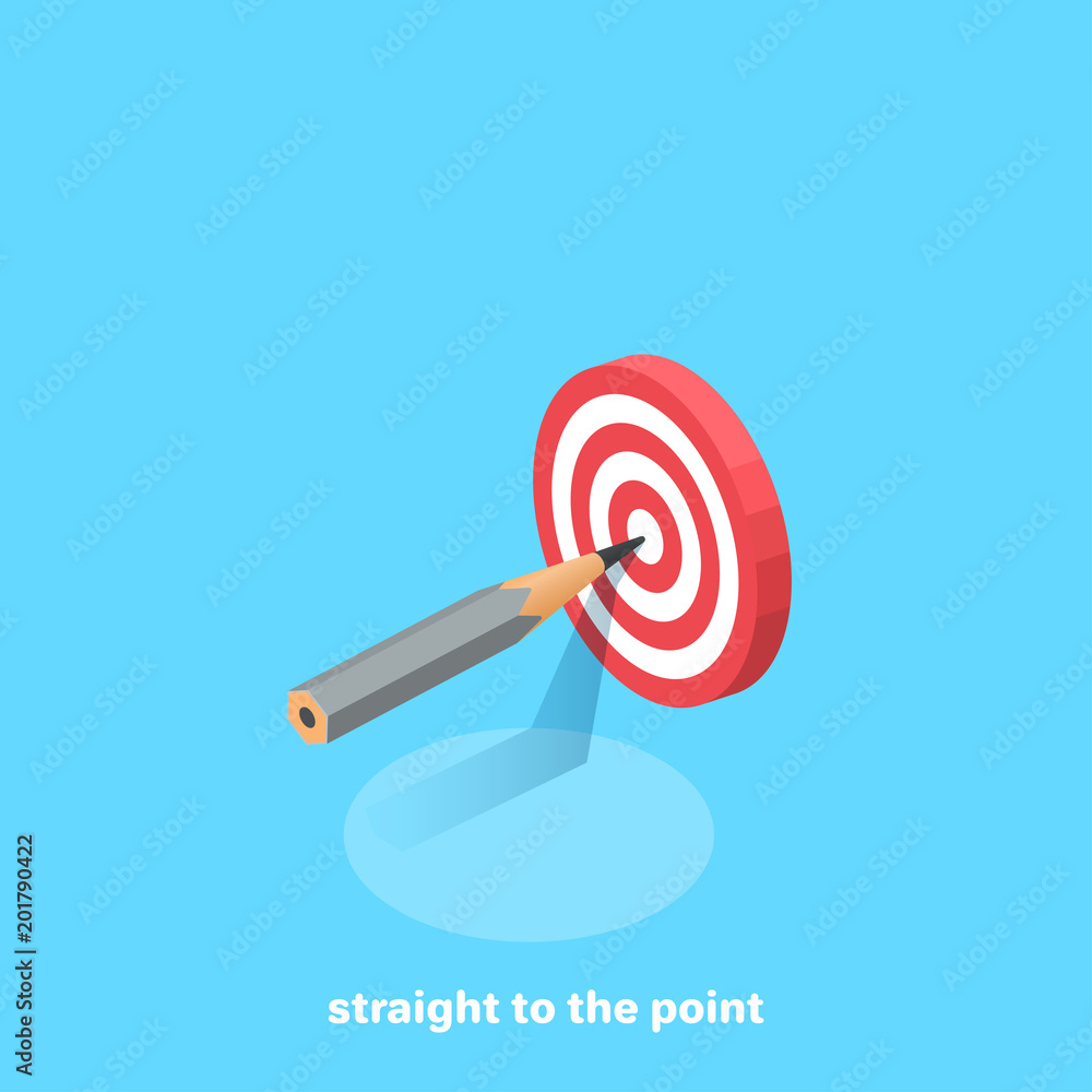A sharp pencil sticks out in a dartboard, an isometric image A sharp pencil sticks out in a dartboard, an isometric image