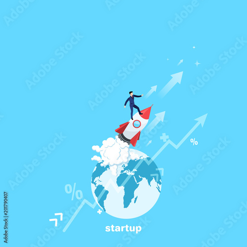 a man in a business suit is standing on a flying rocket and the globe, isometric image