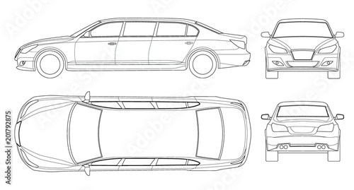 Set of outline white limousines isolated on white. Template limousine icon vector. Premium people transportation. Viev , front, rear, side.