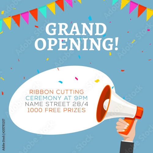 Grand opening flyer banner template. Marketing business concept with megaphone. Grand Opening advertising