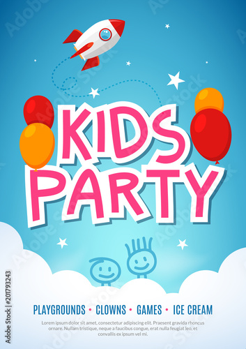 Kids fun party celebration flyer design template. Child event banner decoration. Birthday invitation poster background