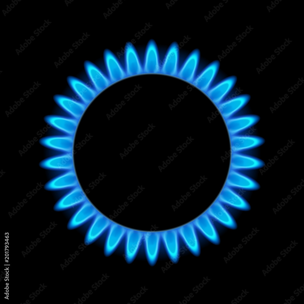 Gas flame blue energy. Gas stove burner for cooking. Fire heat butane or propane natural power Gas flame blue energy. Gas stove burner for cooking. Fire heat butane or propane natural power