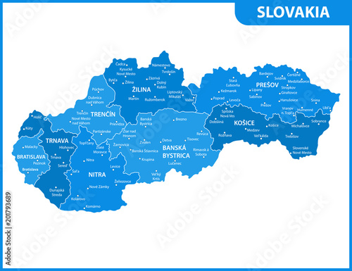 Obraz na plátně The detailed map of Slovakia with regions or states and cities, capitals