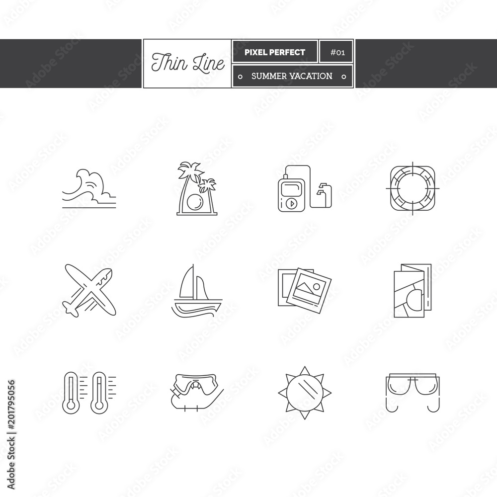 Line icons set of Vacation Summer Travel, Summer Holiday, objects and tools elements. Travel interface icons, Sea, Ice Cream, Map. Logo icons. Vector illustration. Logo icons vector illustration Line icons set of Vacation Summer Travel, Summer Holiday, objects and tools elements. Travel interface icons, Sea, Ice Cream, Map. Logo icons. Vector illustration. Logo icons vector illustration