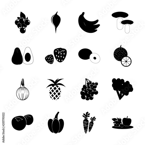 icon Fruits And Vegetables with ungus, fruits, ananas, orange and tinder