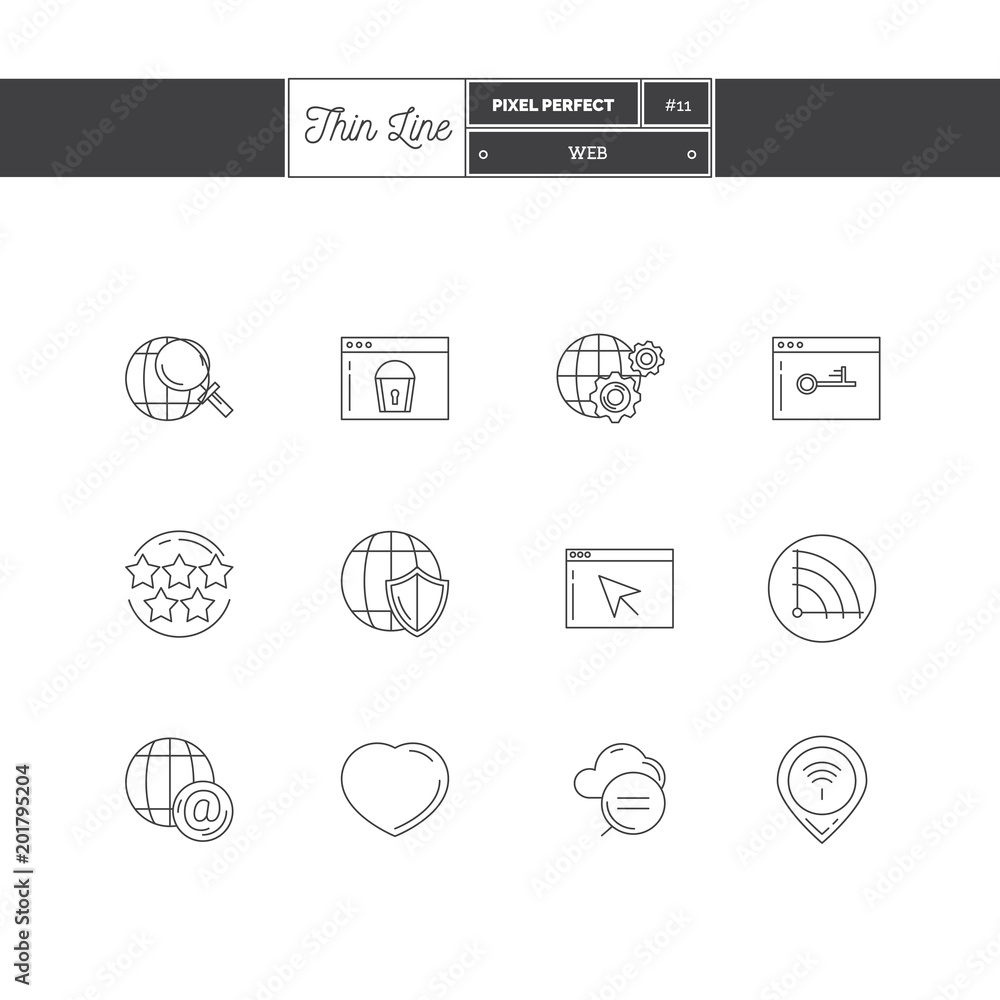Line Icon Set of Global Connection, objects and tools elements. Web interface, technology service, internet protections, search, social networking, webpages. Logo icons vector illustration Line Icon Set of Global Connection, objects and tools elements. Web interface, technology service, internet protections, search, social networking, webpages. Logo icons vector illustration