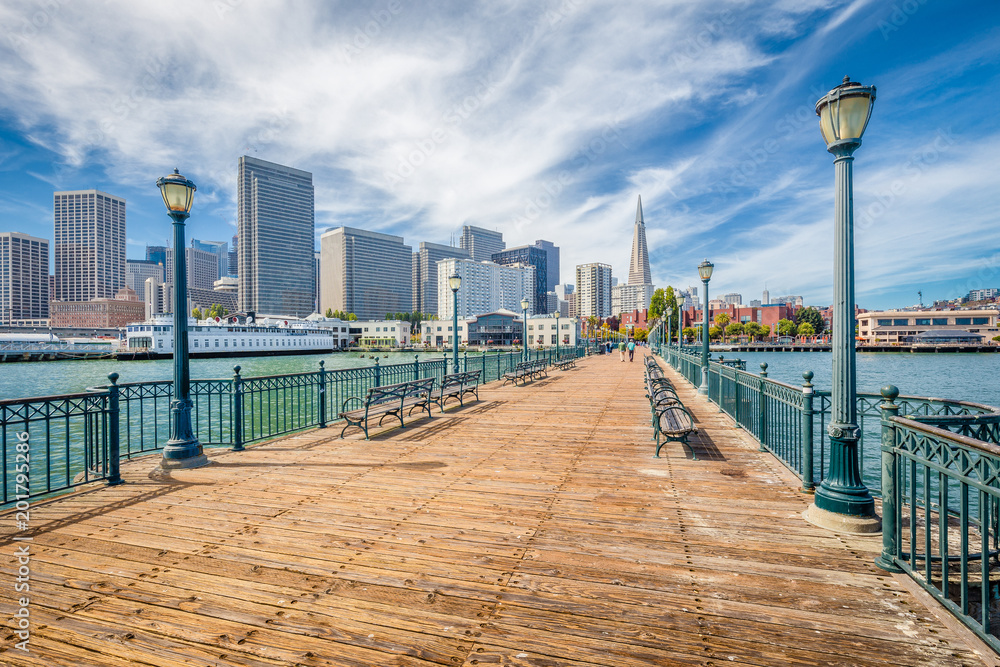 Historic Pier 7 with San Francisco financial district, California, USA