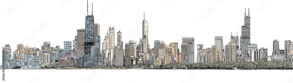 Naklejka premium Ręcznie rysowane ilustracja. Kolorowa panorama na panoramę Chicago. Szczegółowy wygląd atramentu i kolorystyka