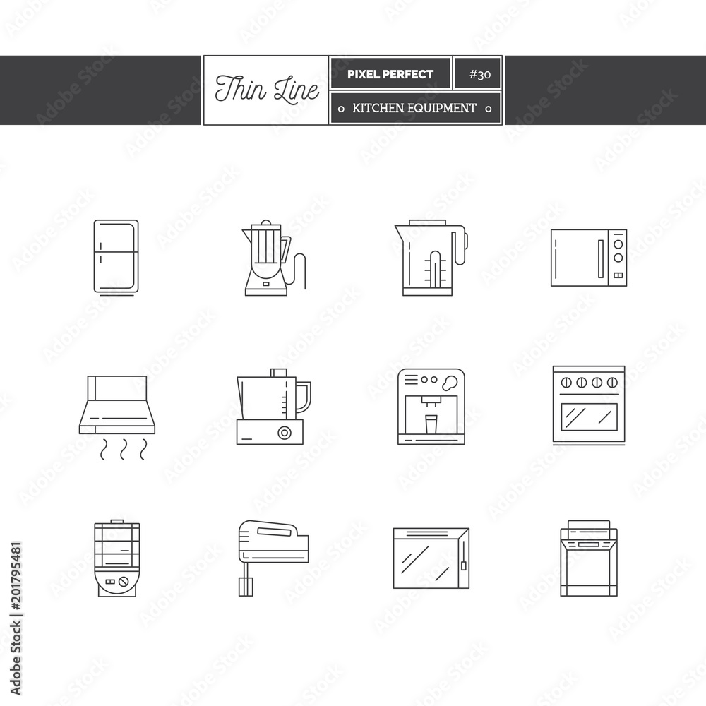Line Icons Set of Kitchen Equipments objects, tools and elements. Coffee maker, blender, fridge, cooker, bread maker, kettle, food processor, toaster, refrigerator, Logo icons vector illustration Line Icons Set of Kitchen Equipments objects, tools and elements. Coffee maker, blender, fridge, cooker, bread maker, kettle, food processor, toaster, refrigerator, Logo icons vector illustration