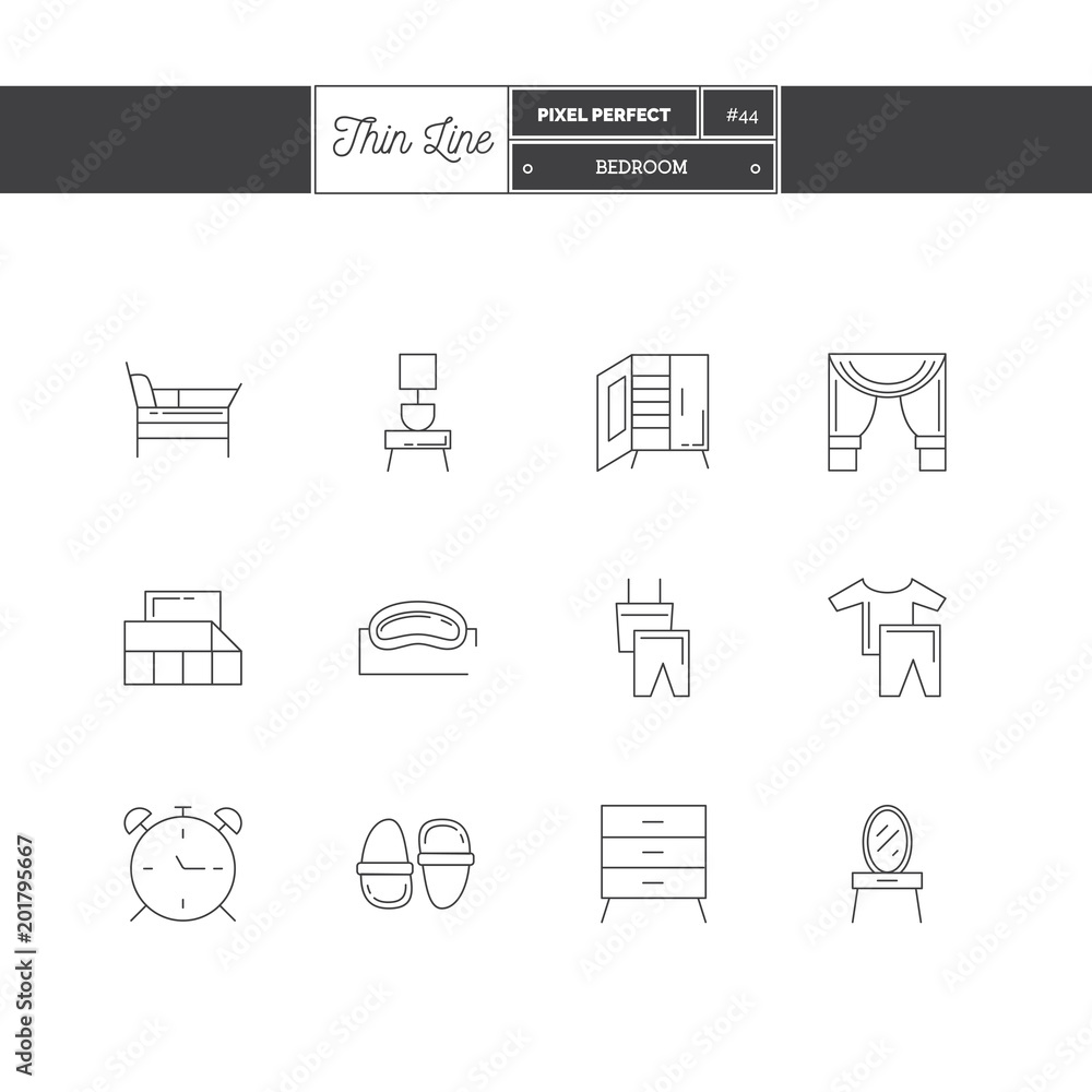 Line Icons Set of Bad Room icons set. Interior and textile objects. Icons for web and mobile app. Line Icons Set of Bad Room icons set. Interior and textile objects. Icons for web and mobile app.