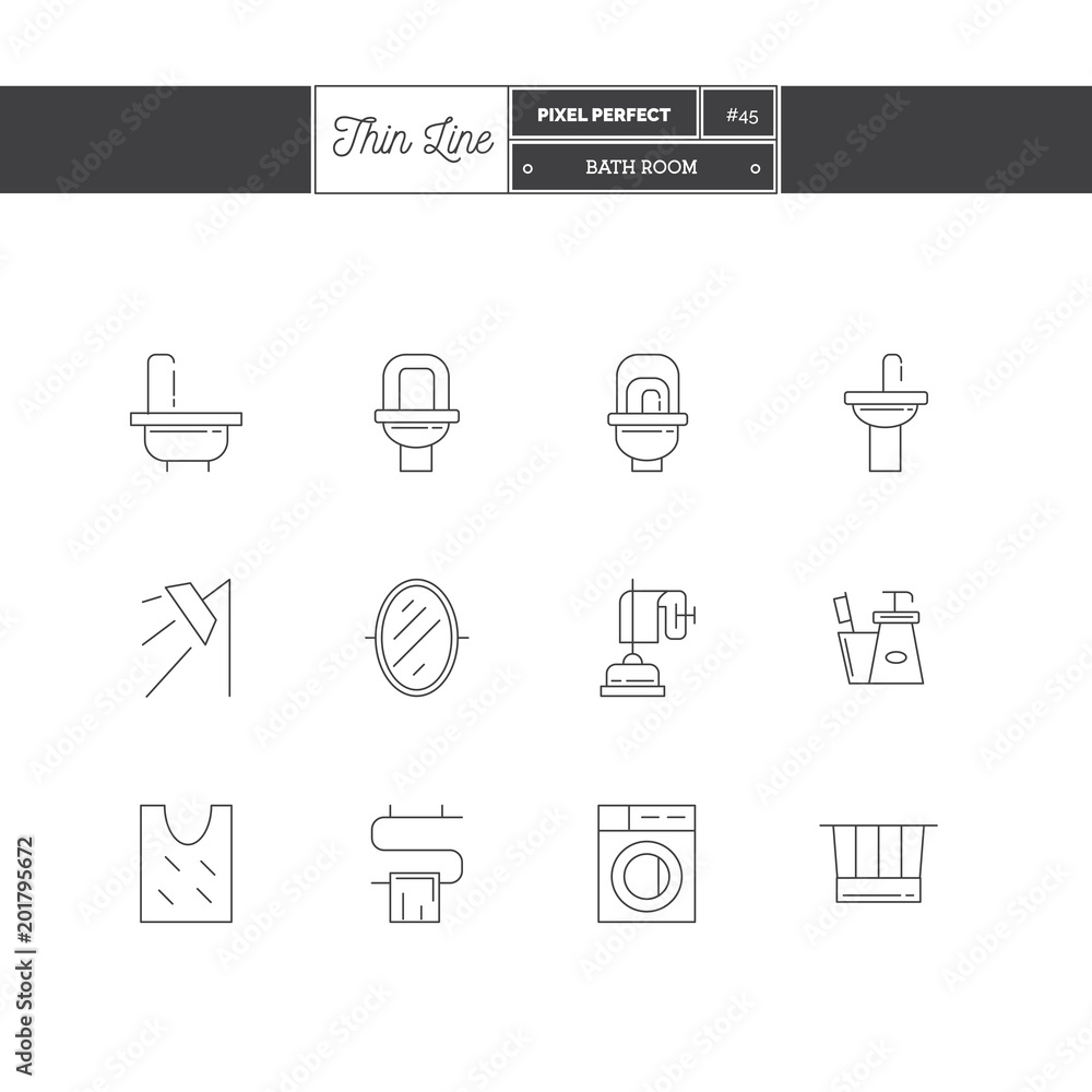 Line Icons Set of Bath Room icons set. Shop furniture, household goods and appliances objects. Icons for web and mobile app. Line Icons Set of Bath Room icons set. Shop furniture, household goods and appliances objects. Icons for web and mobile app.