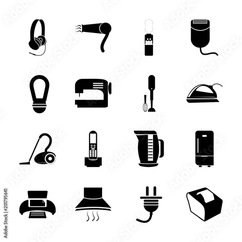 icon Electronic with vacuum cleaner, connection, audio, cleanup and cable
