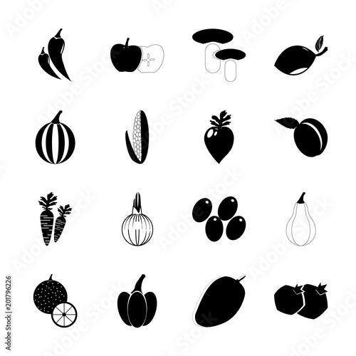 icon Fruits And Vegetables with fruit, pumpkin, bush pumpkin, lemon leave and forest