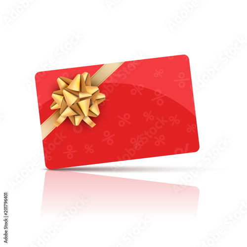 Red Gift card with gold bow and ribbon. Coupon gift card celebration design. Holiday vector card