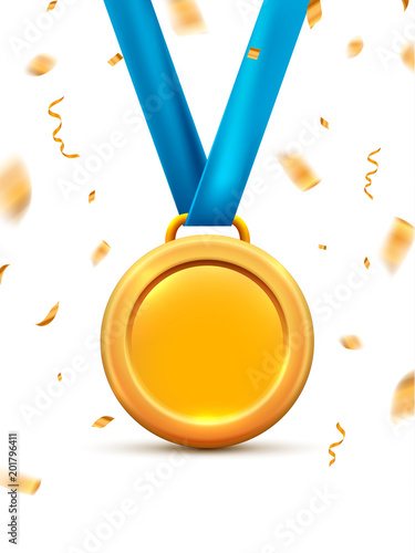 Gold medal for first winner prize. Gold metal award symbol. Medal gold vector icon