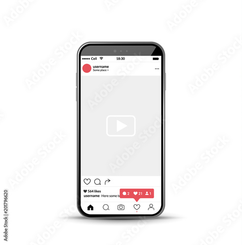 Social network photo frame mobile template. Social media app vector illustration