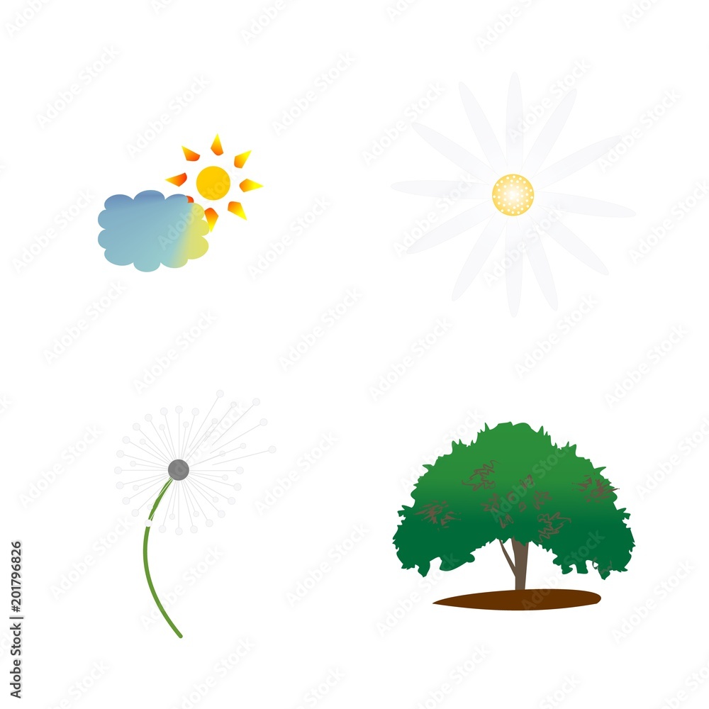 icon Nature with plant, sun, daisy chamomile flower, cloud and tree