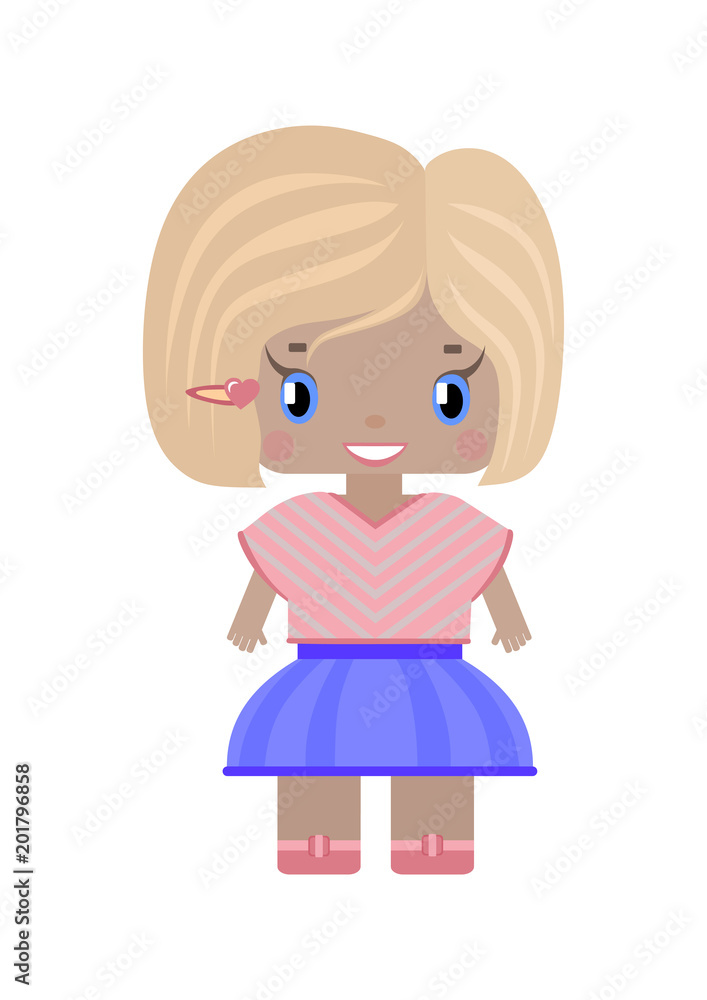 little cute girl with blond hair and cut hair, smiling, wearing a trendy striped T-shirt and skirt. In cartoon style little cute girl with blond hair and cut hair, smiling, wearing a trendy striped T-shirt and skirt. In cartoon style