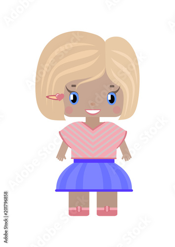 little cute girl with blond hair and cut hair, smiling, wearing a trendy striped T-shirt and skirt. In cartoon style © Ксения Головина