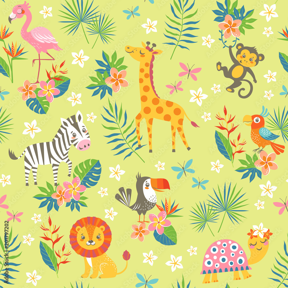 Obraz premium Seamless pattern of cute cartoon tropical animals on green background