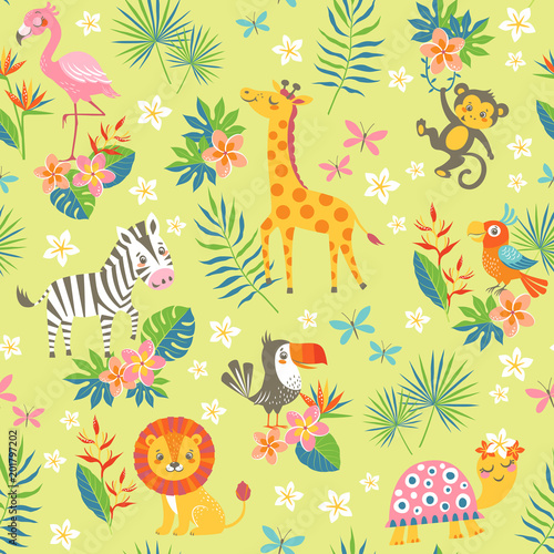 Seamless pattern of cute cartoon tropical animals on green background