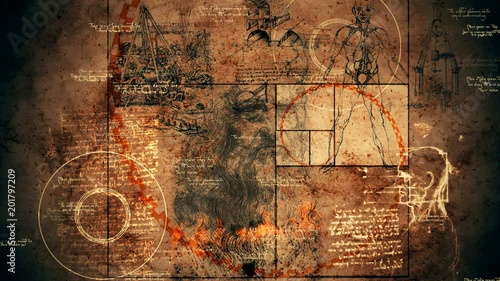 An arty 3d rendering of Code Da Vinci covering the portrait of the old genius, a specific device resembling a tripod, and anatomical man and other renaissance drawings and texts.