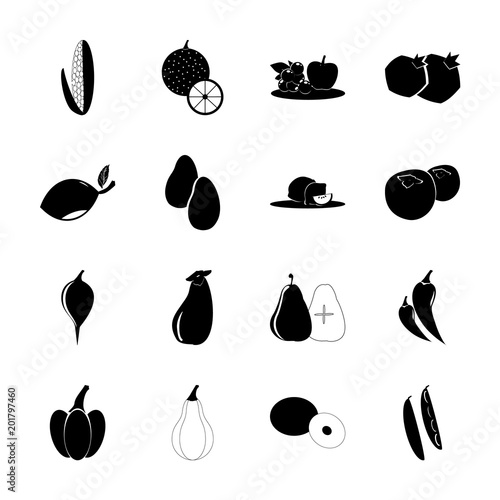 icon Fruits And Vegetables with peppers, calabash, salad, lemons and melon