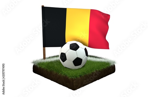 Ball for playing football and national flag of Belgium on field with grass