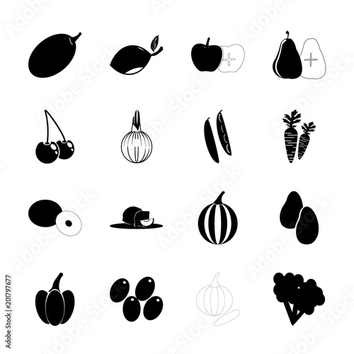 icon Fruits And Vegetables with lemon, olive branch, spic, garlic and lemon leave