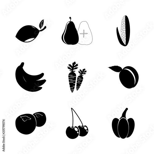 icon Fruits And Vegetables with green plum, black cherry, blood orange, lemon tree and carrot