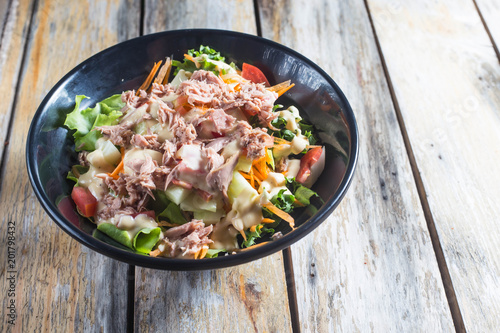 Tuna Salad, healthy food .In a black bowl
