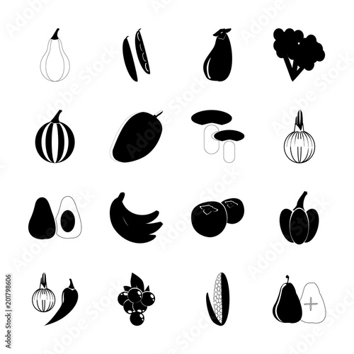 icon Fruits And Vegetables with pea, vegetable, mushrooms, hot pepper and watermelon