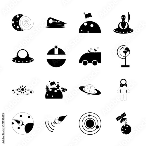 icon Cosmos with cosmonauts, globe, planet of solar sistem, ufo and astro