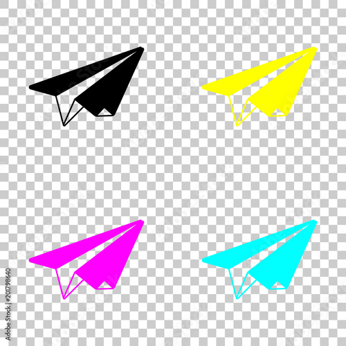 paper plane. origami glider. Colored set of cmyk icons on transparent background