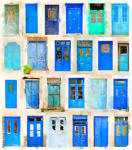 Watercolor of blue doors