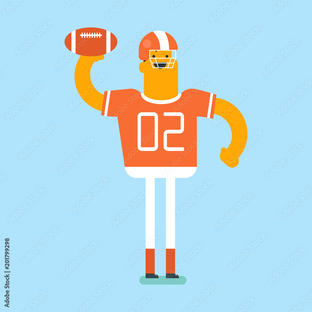 Caucasian white rugby player in helmet and uniform holding ball in hand. Full length of male american football player throwing the ball. Vector cartoon illustration. Square layout. Caucasian white rugby player in helmet and uniform holding ball in hand. Full length of male american football player throwing the ball. Vector cartoon illustration. Square layout.