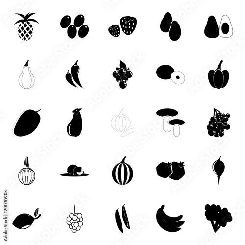 icon Fruits And Vegetables with calabash, vegetables, cerry, olive crow and apricot plum