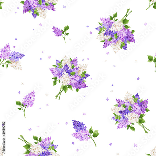 Vector seamless pattern with lilac flowers on a white background.