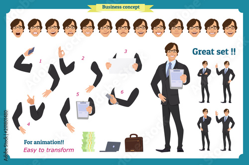 Set of businessman character poses, gestures,actions, body elements. Isolated on white. 