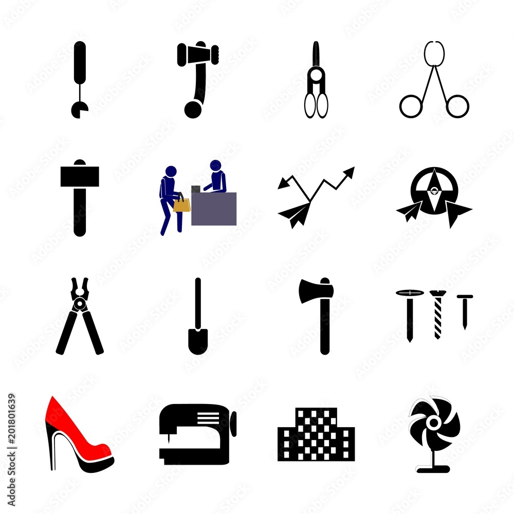 icon Instruments And Tools with lumberjack, pictocram, women shoe, mark and locate icon Instruments And Tools with lumberjack, pictocram, women shoe, mark and locate