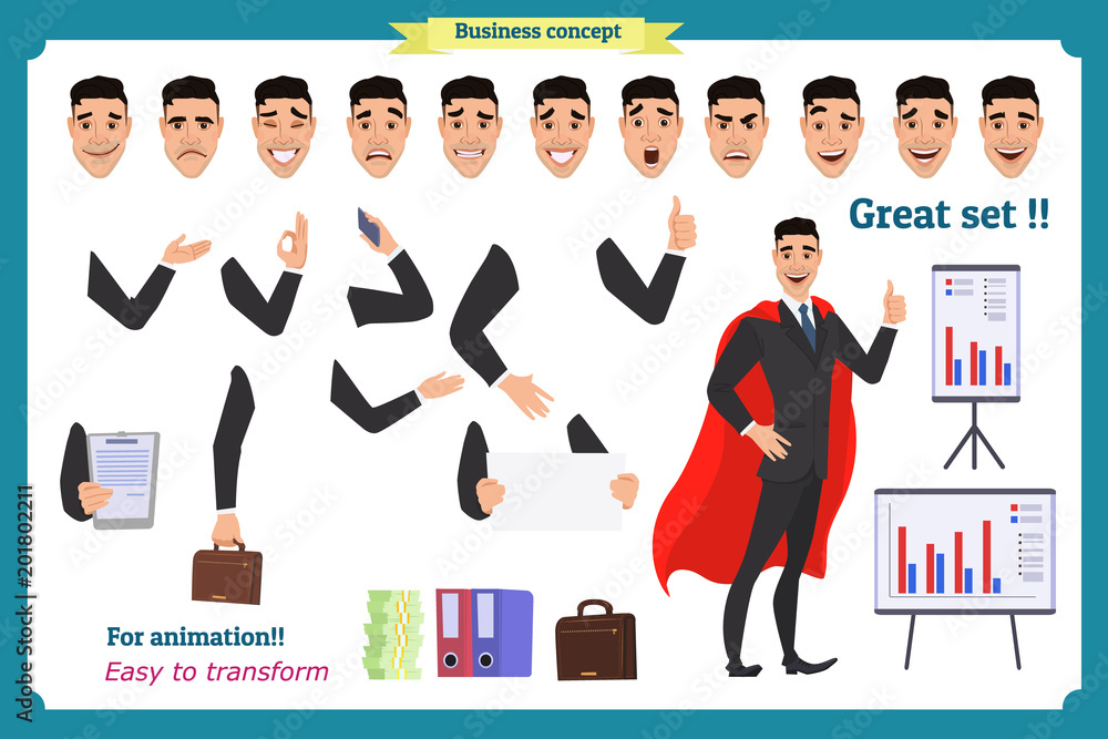 Set of super businessman character poses, gestures,actions, body ...