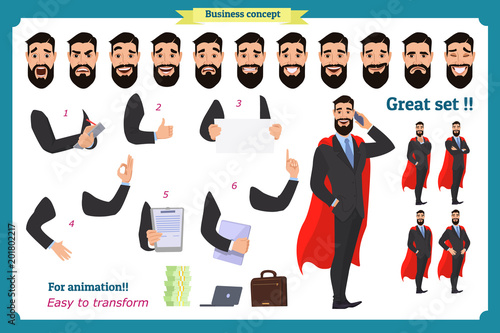 Set of super businessman character poses, gestures,actions, body elements. Isolated on white. Man in suit,cloak standing, Cartoon flat-style illustration. Business people.