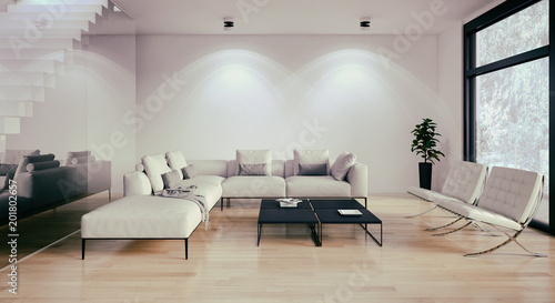 Modern bright interiors room 3D rendering illustration