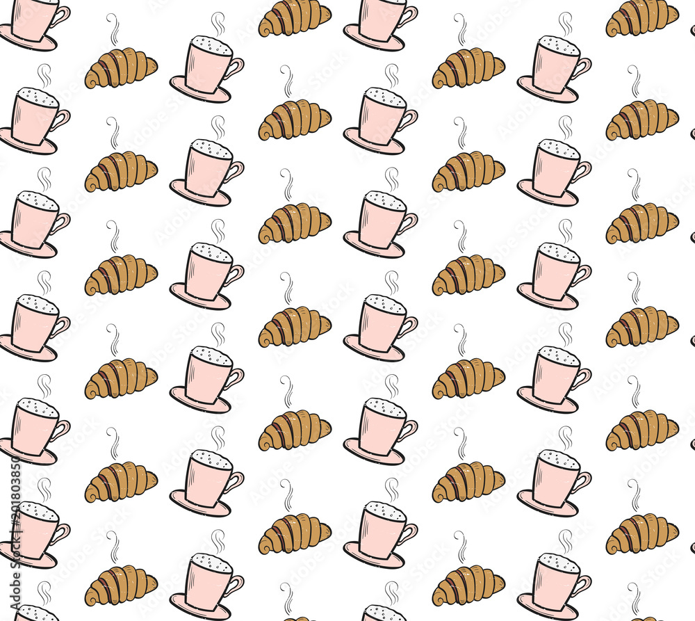 Seamless pattern with doodlecroissant and cup.