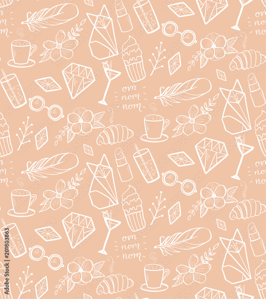 Seamless pattern with hand drawn white elements on pink background.